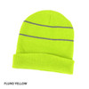 A fluro yellow beanie featuring a reflective trim, displayed with a folded cuff. It has a logo on it.