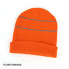 A fluro orange beanie with reflective grey trim. It features a folded cuff and has a logo.