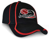 A black cap with red accents and a logo on the front, featuring a conventional baseball cap design.