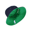 A reversible bucket hat with a navy exterior and a green interior, featuring a logo inside.