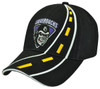 A black cap with a road design and a logo featuring a gorilla, showcasing a vibrant yellow and purple colour scheme.