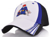 A cap featuring a blue, white, and black design with an embroidered character holding a dog.