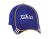 A blue cap with yellow and white detailing, featuring a logo on the front and striped accents on the sides.
