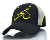 A black and grey cap featuring a yellow logo of a cyclist. The cap includes a logo on the front.