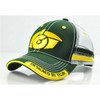 A green and yellow trucker cap with a mesh back and a logo on the front.