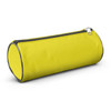 A bright yellow pencil case with a cylindrical design and a zippered closure.