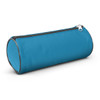 A blue cylindrical pencil case with a zip closure.
