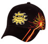 A black cap featuring a sun graphic with sunglasses and sparkler designs on the side, along with a logo.