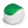 A hacky sack in green and white, featuring a smooth, rounded shape. The product has a simple design and a branded logo.