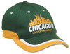 A green and gold cap featuring a logo on the front and contrasting stitching.