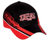 A black cap with red flames and a logo, featuring a curved visor and contrasting red details.
