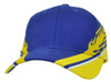 A blue and yellow cap featuring flame designs and a logo on the front.