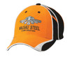 An orange and black cap featuring an embroidered logo on the front and contrast stitching.