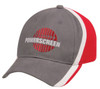 A grey and red cap with a branded logo on the front and white stripes along the sides.