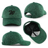 A green cap with a textured pattern and a logo, viewed from multiple angles, including inside.