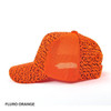 A fluro orange cap with a textured pattern and mesh panels, featuring a logo on the side.