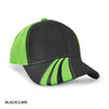A black and lime cap featuring a curved peak and a logo on the side.