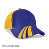 A cap featuring royal blue and Aussie gold colours, with a logo and striped detailing on the front.