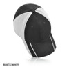 A black and white cap with a mesh back and contrasting stripes, featuring a logo on the front.