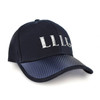 A navy blue cap with a carbon fibre-like peak and a logo on the front.
