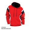 A red, white, and black hoodie with a hood and contrasting side panels, featuring a logo.