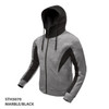 A grey and black hooded jumper featuring a zip front and stylish design elements. It has a logo on the garment.