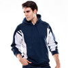 A navy blue and white hoodie featuring a logo, with a drawstring hood and a relaxed fit.