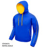 A royal blue hoodie with a yellow interior and accents, featuring a front pocket and hood.