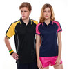 Two individuals wearing Avid Polos: one in a black and yellow polo, the other in a navy and pink polo.