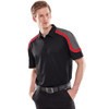 A black polo shirt with grey and red accents, featuring a logo on the chest. Model is wearing a belt.