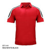 A red polo shirt with black and white stripe details on the shoulders and a collar. It features a logo.