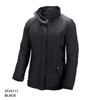 A black jacket with a high collar, zip closure, and multiple pockets, featuring branding.