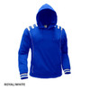 A royal blue hoodie with white stripes on the shoulders and a front pocket, featuring a hood and a logo.