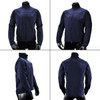 A dark navy soft shell jacket displayed from multiple angles, featuring a zip closure and a logo.