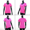 A pink V-neck T-shirt displayed from multiple angles on a mannequin. The shirt features short sleeves and a fitted style.