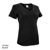A black v-neck t-shirt with short sleeves and a logo on the label.