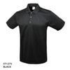 A black polo shirt with a collared neckline and three-button placket, featuring a brand logo.