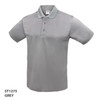 A grey polo shirt featuring a collared neckline and a button placket, with a branding logo.