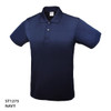 A navy polo shirt featuring a collar and three buttons, with a logo on the chest area.