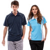 A navy blue polo shirt and a light blue polo shirt with white detailing, each featuring a logo on the chest.