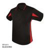 A black polo shirt with red accents, featuring a collar and short sleeves. It has a logo on the chest.