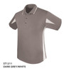 A dark grey polo shirt with white accents, featuring a three-button placket and a logo on the chest.