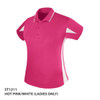 A hot pink polo shirt with white accents and a logo. Short sleeves and a collared neck design.