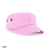 A pink military cap featuring a flat brim and ventilation eyelets, with a logo present on the front.
