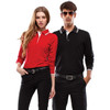 A red long-sleeve polo shirt and a black long-sleeve polo shirt, both featuring contrasting collar details and a branding logo.