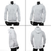A white hoodie displayed from multiple angles, featuring a front zipper and hood, with a logo present.