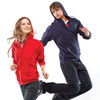 A red hoodie and a navy hoodie are worn by a woman and a man, both smiling and in motion against a white background.