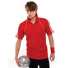 A red polo shirt featuring white stripes on the sleeves, with a logo on the chest.