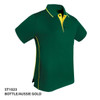 A bottle green polo shirt with yellow accents and a logo on the left chest. Features a classic collar and short sleeves.