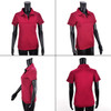 A red polo shirt displayed from multiple angles on a black mannequin. The shirt features a collar and short sleeves.